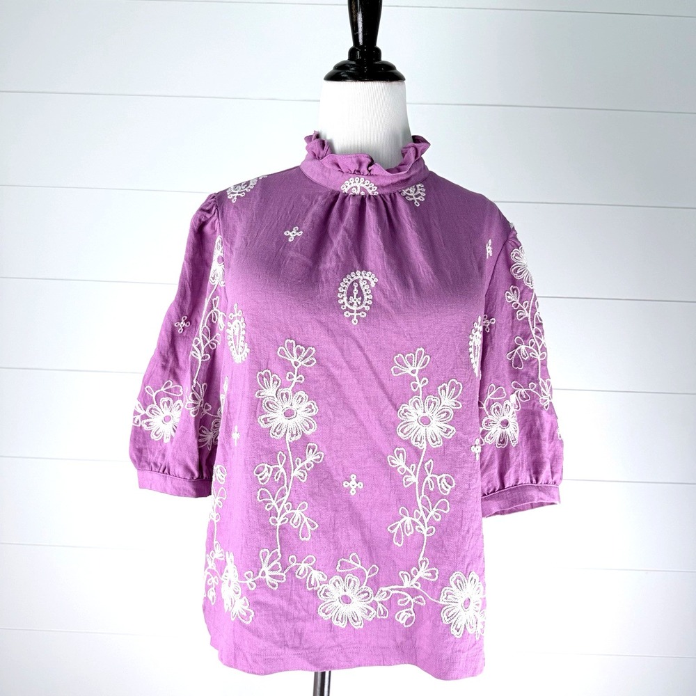 Glam Embroidered Boho Puff Peasant Sleeve Top Women L Pink Cottagecore Western